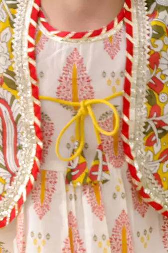 Yellow printed cotton kurti dhoti with jacket set for girls