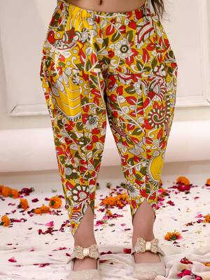 Yellow printed cotton kurti dhoti with jacket set for girls 5