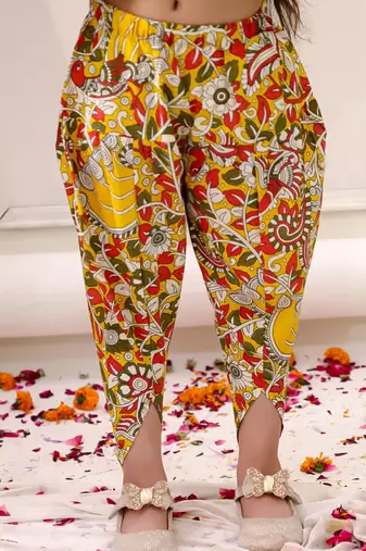 Yellow printed cotton kurti dhoti with jacket set for girls