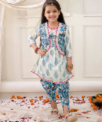 Blue printed cotton kurti dhoti with jacket set for girls 1