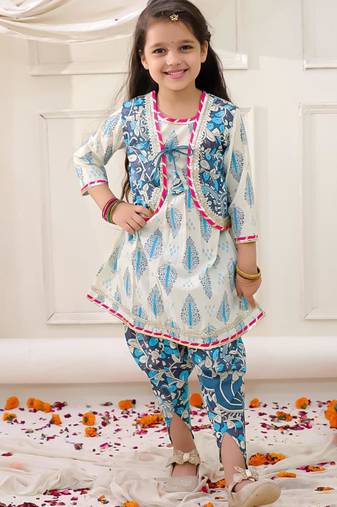 Blue printed cotton kurti dhoti with jacket set for girls