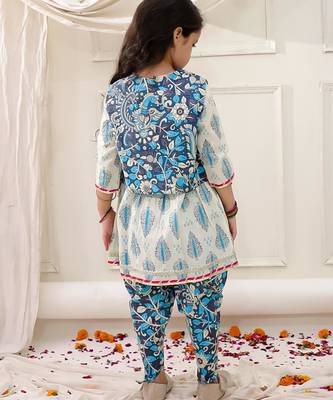 Blue printed cotton kurti dhoti with jacket set for girls 2
