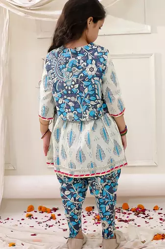 Blue printed cotton kurti dhoti with jacket set for girls