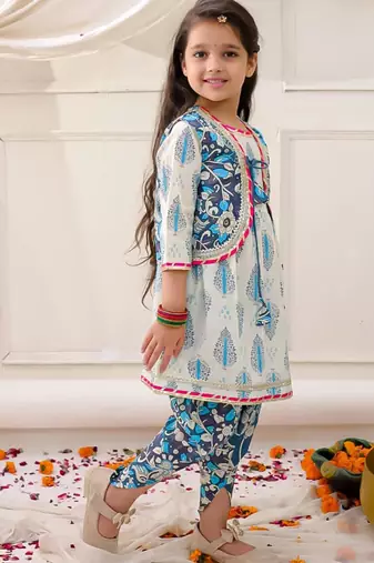 Blue printed cotton kurti dhoti with jacket set for girls
