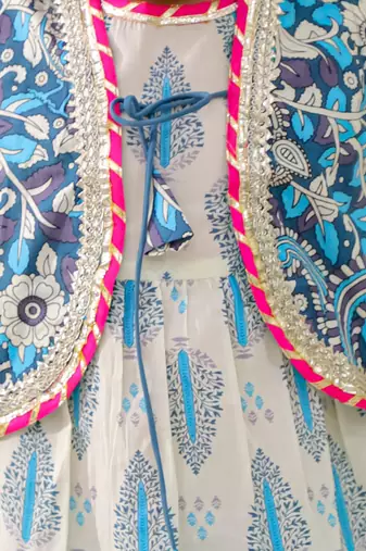 Blue printed cotton kurti dhoti with jacket set for girls