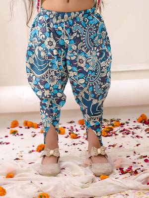 Blue printed cotton kurti dhoti with jacket set for girls 5