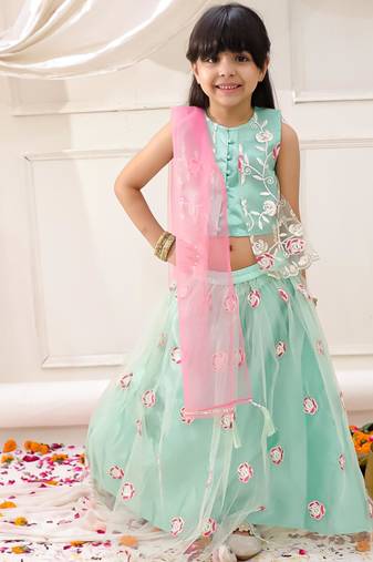 Green embroidered net lehenga choli with dupatta set for girls