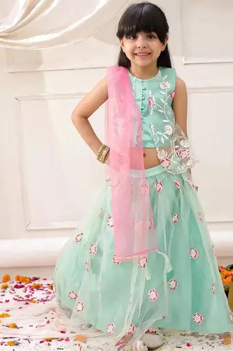 Green embroidered net lehenga choli with dupatta set for girls