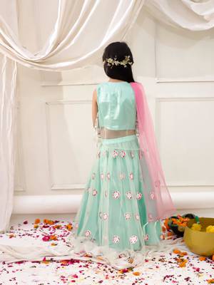 Green embroidered net lehenga choli with dupatta set for girls 2