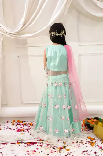 Green embroidered net lehenga choli with dupatta set for girls
