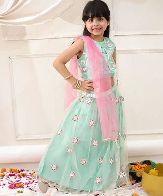 Green embroidered net lehenga choli with dupatta set for girls 3