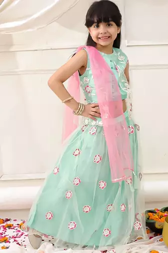 Green embroidered net lehenga choli with dupatta set for girls