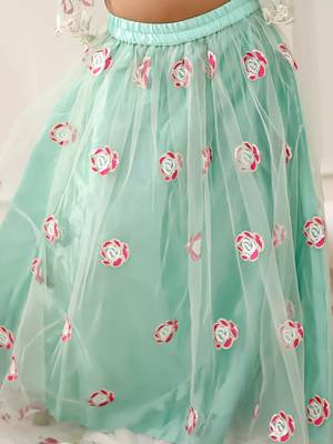 Green embroidered net lehenga choli with dupatta set for girls 5
