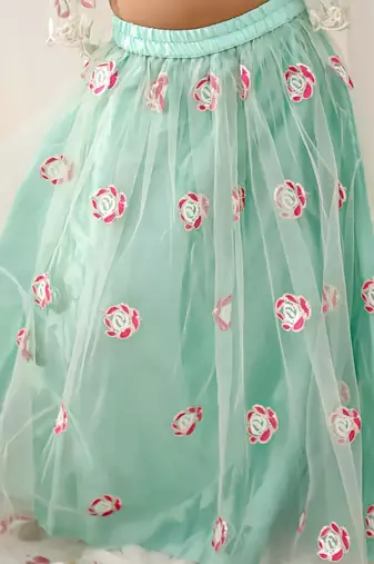 Green embroidered net lehenga choli with dupatta set for girls