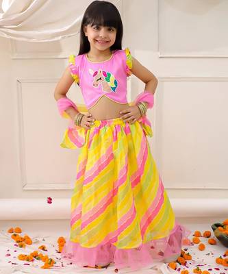 Pink embroidered silk lehenga choli with dupatta set for girls 1