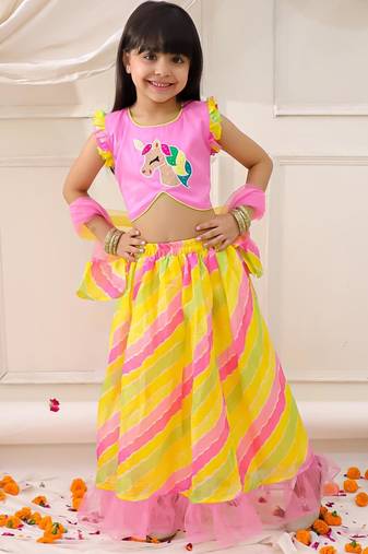 Pink embroidered silk lehenga choli with dupatta set for girls