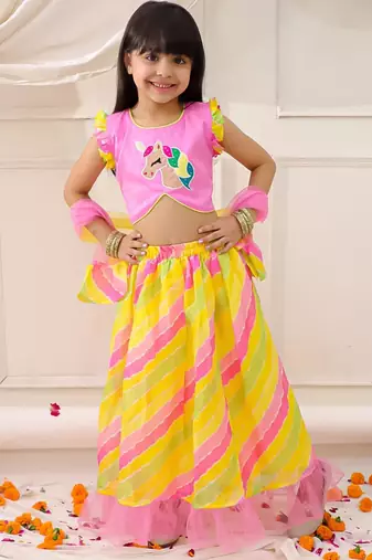 Pink embroidered silk lehenga choli with dupatta set for girls