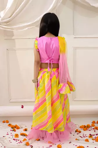 Pink embroidered silk lehenga choli with dupatta set for girls