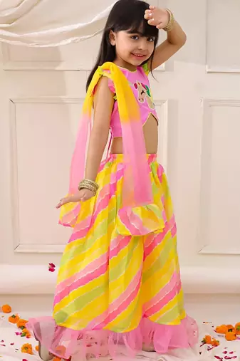 Pink embroidered silk lehenga choli with dupatta set for girls