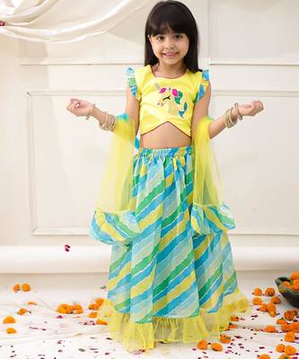 Yellow embroidered silk lehenga choli with dupatta set for girls 1