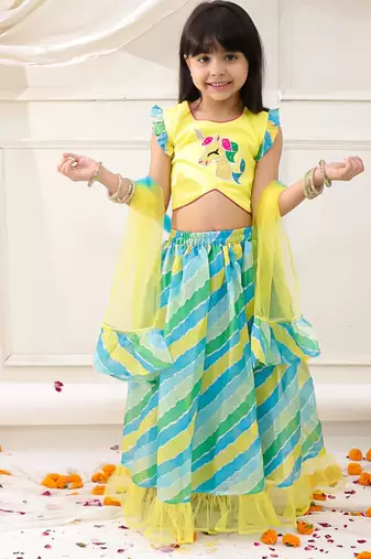 Yellow embroidered silk lehenga choli with dupatta set for girls
