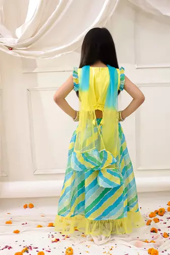 Yellow embroidered silk lehenga choli with dupatta set for girls