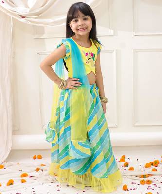 Yellow embroidered silk lehenga choli with dupatta set for girls 3