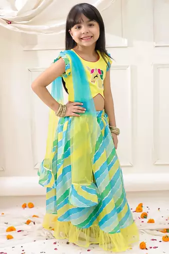Yellow embroidered silk lehenga choli with dupatta set for girls