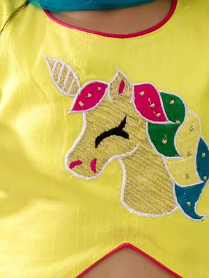 Yellow embroidered silk lehenga choli with dupatta set for girls 4