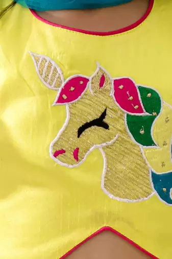 Yellow embroidered silk lehenga choli with dupatta set for girls
