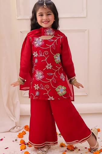 Red embroidered fendy silk kurti palazzo with dupatta set for girls