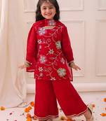 Red embroidered fendy silk kurti palazzo with dupatta set for girls