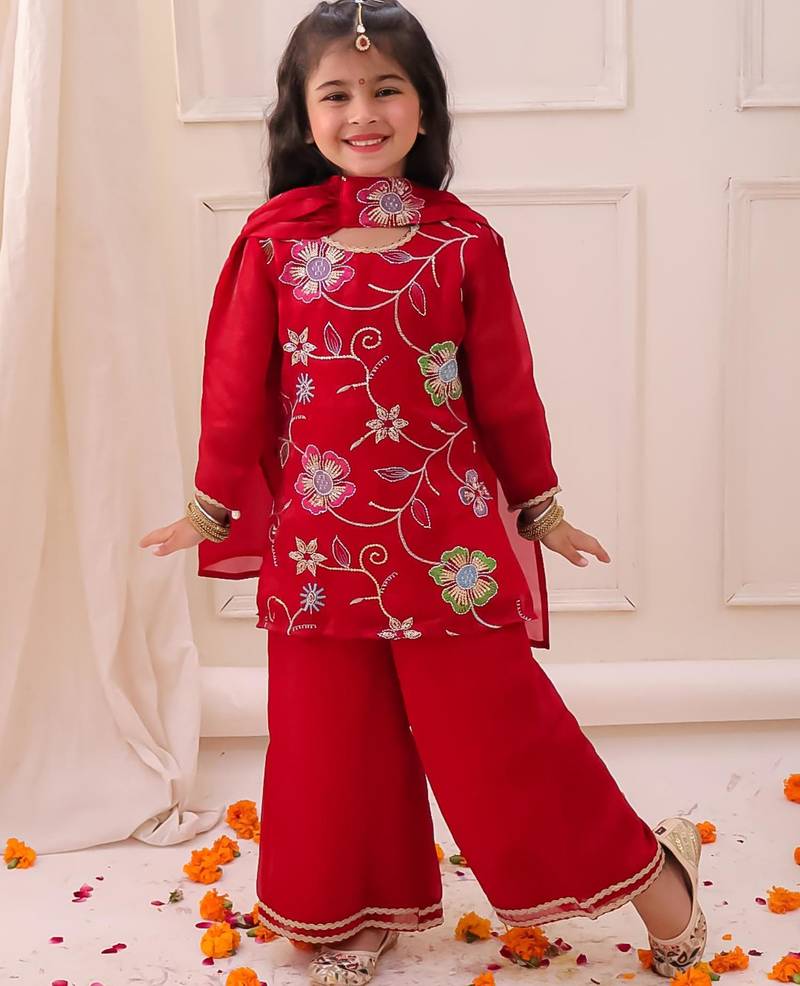 Red embroidered fendy silk kurti palazzo with dupatta set for girls
