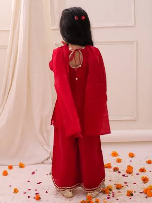 Red embroidered fendy silk kurti palazzo with dupatta set for girls 2