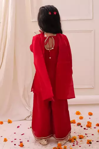 Red embroidered fendy silk kurti palazzo with dupatta set for girls