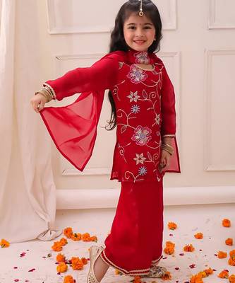 Red embroidered fendy silk kurti palazzo with dupatta set for girls 3