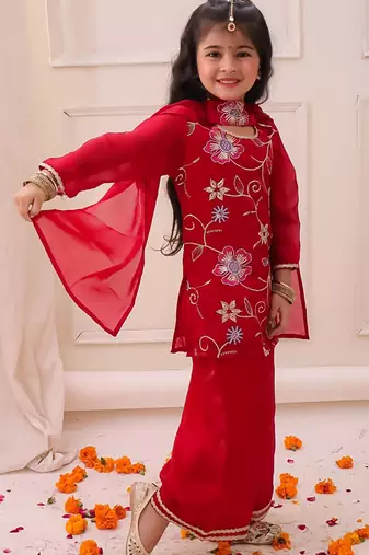 Red embroidered fendy silk kurti palazzo with dupatta set for girls