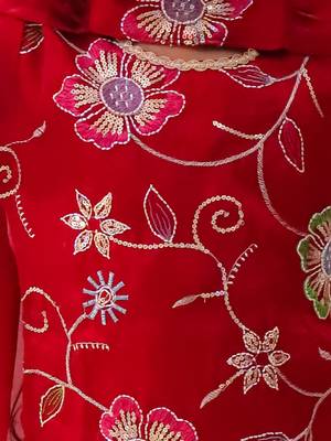 Red embroidered fendy silk kurti palazzo with dupatta set for girls 4
