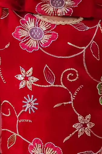 Red embroidered fendy silk kurti palazzo with dupatta set for girls