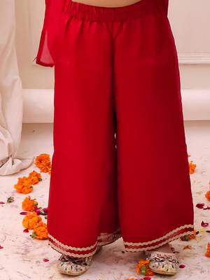 Red embroidered fendy silk kurti palazzo with dupatta set for girls 5