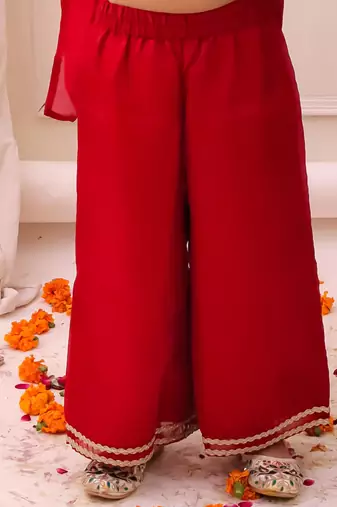 Red embroidered fendy silk kurti palazzo with dupatta set for girls
