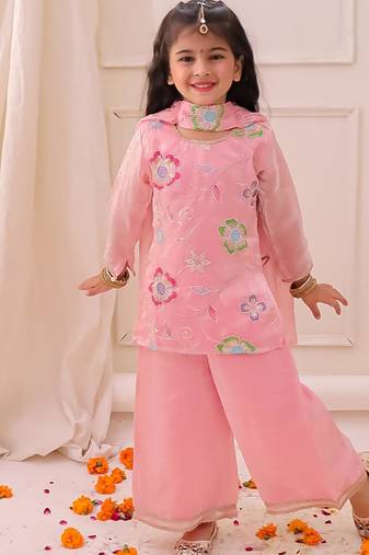 Pink embroidered fendy silk kurti palazzo with dupatta set for girls