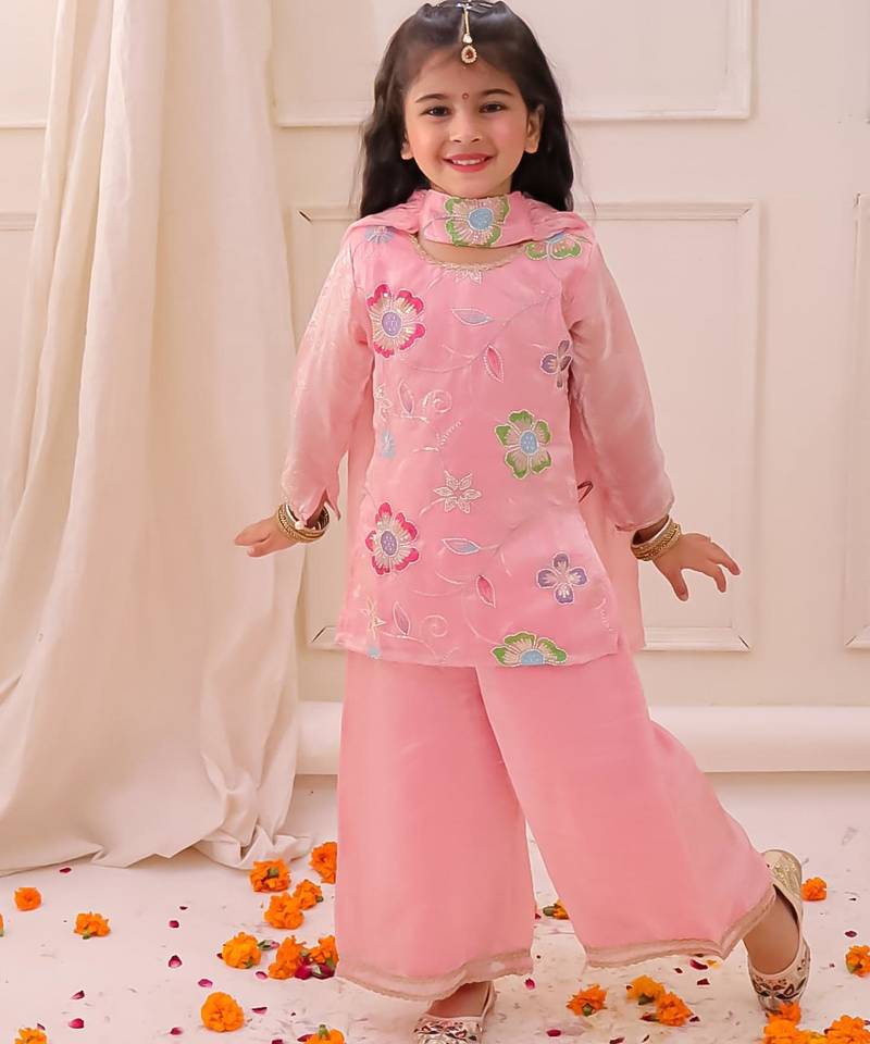 Pink embroidered fendy silk kurti palazzo with dupatta set for girls