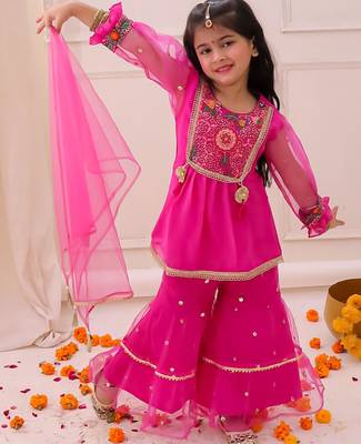Rani pink embroidered georgette kurti sharara with dupatta set for girls 1