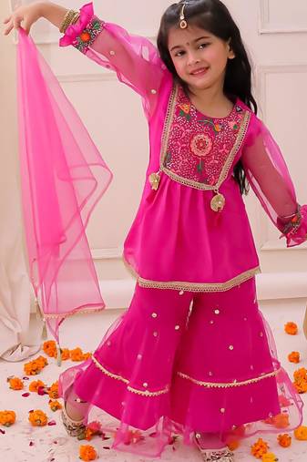 Rani pink embroidered georgette kurti sharara with dupatta set for girls