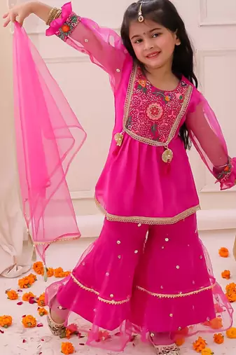 Rani pink embroidered georgette kurti sharara with dupatta set for girls