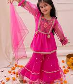 Rani pink embroidered georgette kurti sharara with dupatta set for girls
