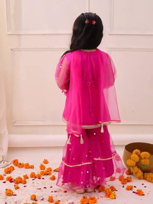 Rani pink embroidered georgette kurti sharara with dupatta set for girls 2