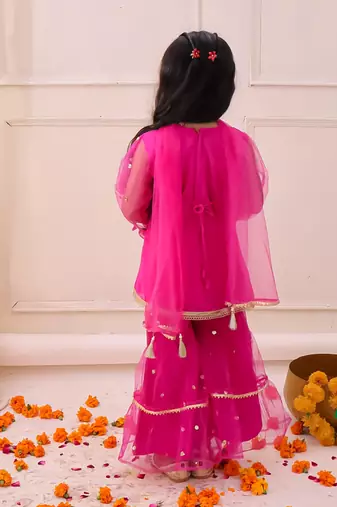 Rani pink embroidered georgette kurti sharara with dupatta set for girls