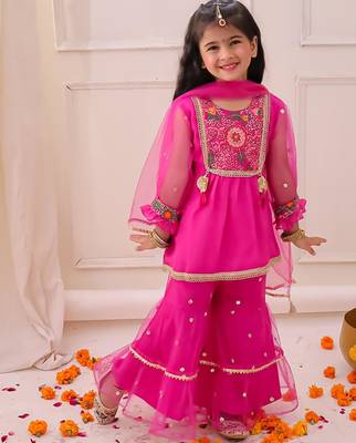 Rani pink embroidered georgette kurti sharara with dupatta set for girls 3